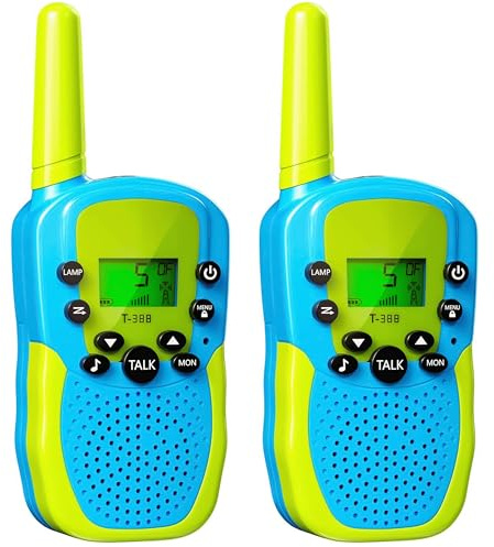 KRUMAD Walkie Talkie Kinder, Funkgeräte, Wokitokis, Kinderspiele, Spielzeug | LED-Licht & LCD-Display, 22 Kanäle, ab 3 Jahren, Set mit 3 km Reichweite, 99 CTCSS Codes, T-388, CE, RoHS, FCC, Blau-Grün