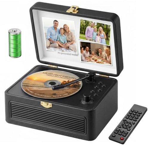 Gueray Portable Leather CD Player Bluetooth with Speakers 3600mAh Battery | Play CDs, MP3 and WMA via USB or AUX; FM radio, A-B repeat and the included remote make operation simple throughout the home