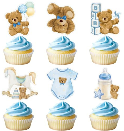 36 Stück Bären Cupcake Topper Blau – Süße Tortendeko Bär für Babyparty Junge, Baby Shower Deko, Geburtstag & Taufe, Teddybär Kuchendeko Set für Muffins, Kuchen & Candy Bar, Baby Party Dekoration Junge