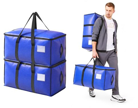Prelisee 2PCS Große Aufbewahrungstasche, 72L Heavy Duty Umzugstaschen Blau | Faltbare Umzugskartons mit Reißverschluss Griff,Organizer Moving Bags für Umzug,Storage Bag Bettdecken Kleidung Bettwäsche