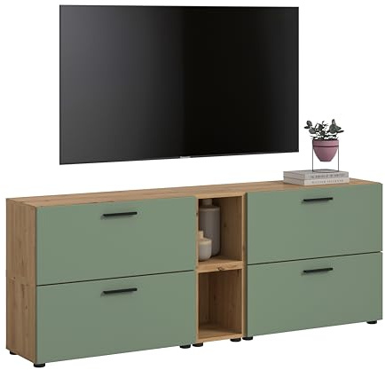 xonox.home – Wohnkombination The One 176x67x34 cm in Artisan Oak und Smoke Green – Kompakte Wand mit 4 Klappen – 10 Fächer bieten viel Stauraum & eine beruhigende Farbkombination für den Raum