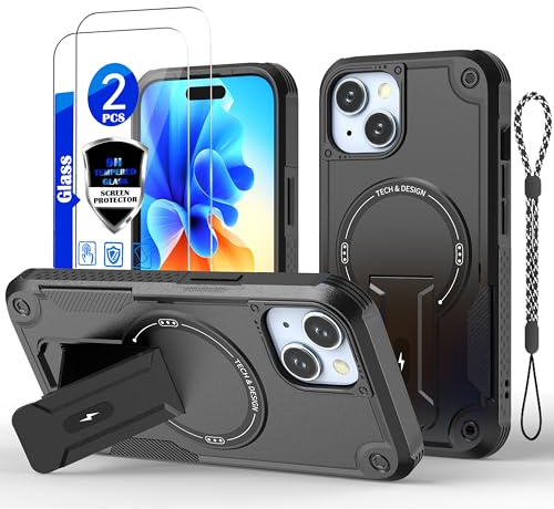 GuardCase for iPhone 15 Case [Compatible with MagSafe][with 2 * 9H Tempered Glass Screen Protector], Built in Invisible Stand, Not fading，Shockproof Protective Phone Cover 6.1-inch(Black)
