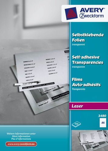 AVERY Zweckform 3480 Transparente Folien für Laserdrucker und Kopierer (100 selbstklebende Folien, A4, mattierte Oberfläche, hervorragend bezeichenbar, stapelverarbeitbar, Folienstärke 0,14mm)