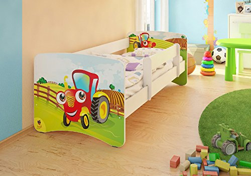Best For Kids Kinderbett MIT RAUSFALLSCHUTZ UND MIT 10 cm MATRATZE Zertifiziert SUPER Auswahl 5 GRÖßEN (90x180, Traktor)