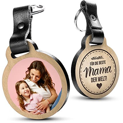 Premium „Für die beste Mama der Welt“ - Foto-Schlüsselanhänger aus Eichenholz mit dunklem Echtleder und Gravur - personalisierte Geschenkidee zu für Muttertag