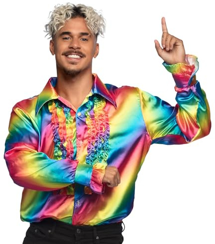 Boland - Disco Hemd mit Rüschen, Regenbogen-Farben, für Herren, Kostüm, Party Shirt, Schlagermove, 70er Jahre, Mottoparty, Karneval