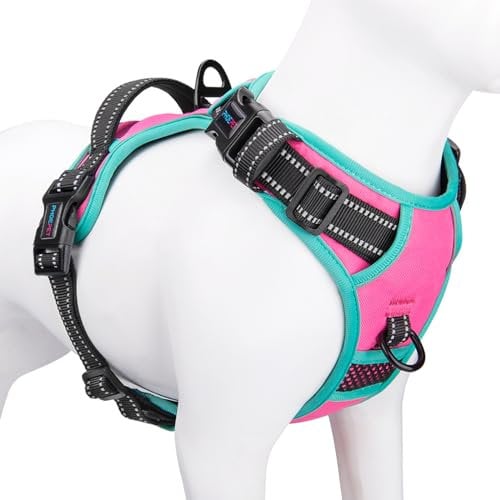 PHOEPET Verstellbares Sicherheitsgeschirr für mittlere und große Hunde mit gepolstertem Griff und reflektierendem Hundegeschirr, leicht zu kontrollieren für den täglichen Spaziergang(Rosa,L)