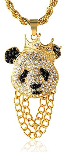 HALUKAKAH Catena d'oro Uomo Iced out,Placcato in Oro 18 Carati Panda della Corona Pendente Collana,Cz Completa Lab Diamantes Prong Set,con Catena di Corda 60cm,Gratuito Pacco Regalo