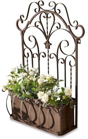 Loberon Blumenkasten Secourt, mit kunstvollen Ornamenten verziert, Innenkasten herausnehmbar, nostalgischer Charme, Gartenzubehör, Outdoor, Eisen, antikbraun