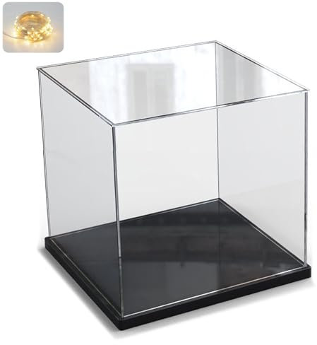 Acryl Vitrine Schaukasten für Lego 10309 21265 75328 76428 Helmet, Glasvitrine Acrylbox Transparent Würfel für Figuren Sammlerstücke Spielzeug mit Holz-Kunststoff-Basis, Schwarz Innen 20x20x20 cm