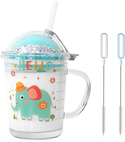 Heiqlay Taza de Leche Niños con Pajita, Tazas para Niños Medición, Vaso Leche con Tapa Niños, Jarro con Pajita, para café con leche, jugo, té helado, para microondas, 400ml, elefante