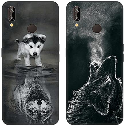 DiaryTown 2 Pack für Huawei P20 Lite Hülle, Ultra Dünn Silikon Bumper Schutzhülle Stoßfest mit Muster Motiv Schwarz Handyhüllen Weich TPU Cover für Huawei P20 Lite - Hund & Wolf