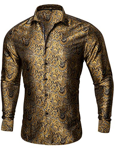 Barry.Wang Chemise habillée pour homme en soie cachemire à manches longues boutonnée grande et grande chemise tendance loisirs fête de mariage bal, Doré et gris, XL