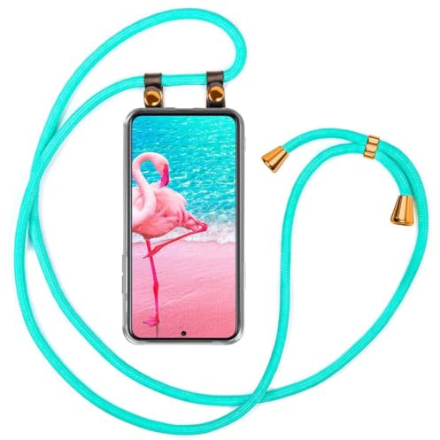 moex Handykette für Samsung Galaxy S22 Hülle mit Band abnehmbar, Handyhülle mit Kette zum Umhängen, Handyband 155 cm lang Stoff Kordel Umhängehülle, Handy Umhängeband, Türkis