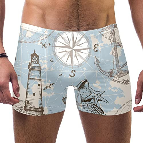 Honexa Herren-Badehose, elastischer Bund, kurzer Boxer-Badeanzug, Sommer, Strand, Board-Shorts, Größe S, Karte Anker Kompass Leuchtturm, Mehrfarbig, 56
