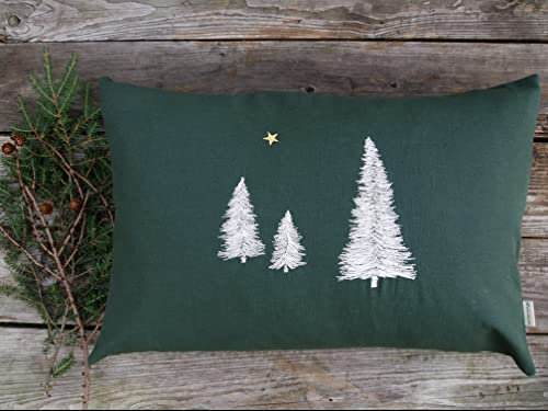 Tannenbaum Kissenbezug 100% Leinen dunkelgrün Tannen-Motiv in weiß gestickt, Stern in gold Größen: 40x40,45x45,30x50,40x50,50x50,40x60cm, Knopfleiste, Sofakissen, Kissenhülle (30x50 cm)