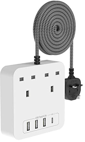 Extension Lead with USB C (3A), 2M 6-in-1 Extension Cord with 4 USB Ports 3250W, 2AC Plug Extension Surge Protected, Extension Cords for Desk and Wall Suitable for PC/Phone/Laptop/Speaker/TV, White