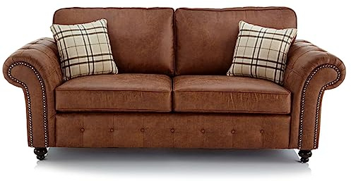 Furnishings For Less UK New Oakland 3 Seater Tan Brown, Chesterfield Vintage Countryside Design (3 Seater, Tan)