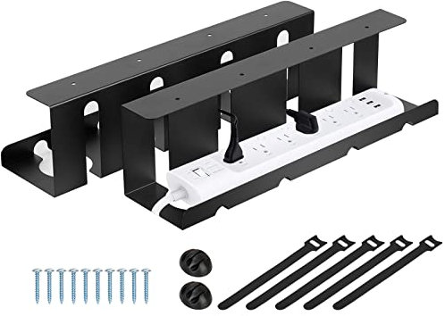 2 Pack Under Desk Cable Management Tray, Cable Tray Self Adhesive and Drilling Mounting, Metal Cable Raceway, Desk Cable Tidy Tray for Office and Home Wire Management,Black