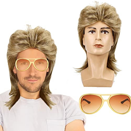 CEWROM Perücke Männer Gold, 80er Mullet Perücke Herren, 80/90er Rapper Zubehör, Blonden Perücke Sonnenbrille Set, Punk Popstar Perücke für Karneval,Cosplay,Motto-Party,Halloween Kostüm Party