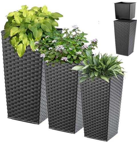 KADAX Set di 3 vasi alti per piante, Nero Rattan, H 46,5/57,5/68 cm – fioriera grande per esterni, vaso da giardino robusto