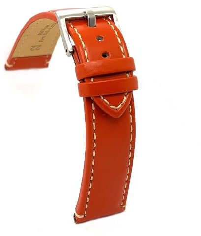 diloy Sportliches flaches Uhrenarmband aus glattem Rindsleder mit weißer Naht – Größen 14mm 16mm 18mm 20mm 22mm 24mm – Elegant und widerstandsfähig 373 Orange 22mm