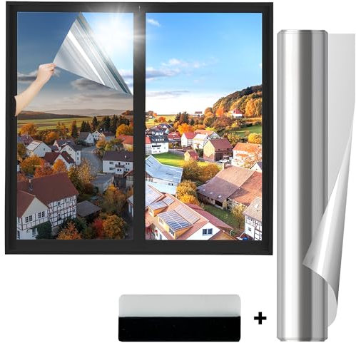 SAMHEITO Sonnenschutzfolie Fenster Innen 118x400cm Fensterfolie Selbstklebend Spiegelfolie Fenster Blickdicht von außen Hitzeschutzfolie Sichtschutzfolie Fenster Wärmeschutzfolie UV Schutzfolie Silber