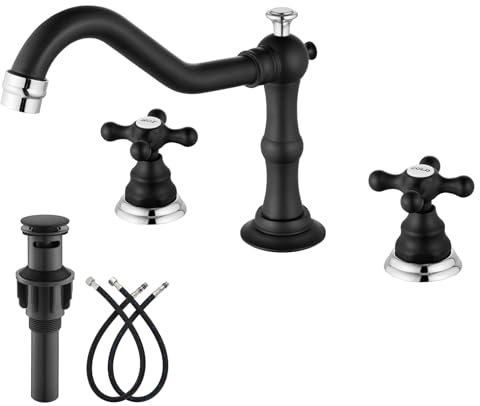 gotonovo Grifo para fregadero de baño, color negro mate y cromo pulido, 3 agujeros, dos manijas cruzadas, grifo mezclador para lavabo, montaje en cubierta de drenaje desplegable