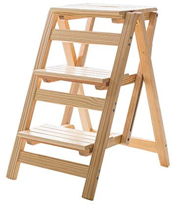 Multifunction Ladder Chair Stool Wooden Foldable Shelving Step Ladder Home Library 3 Steps (Natural Colour)