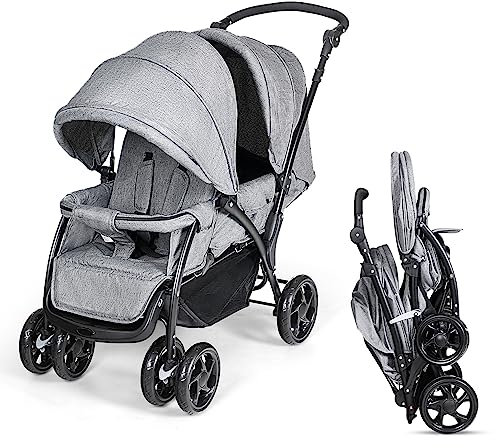 LIFEZEAL Faltbarer Doppelkinderwagen für Zwillinge, Kinderwagen 2-Sitzer mit verstellbarer Rückenlehne, Mobiler Geschwisterwagen mit Bremsen, Belastung 15 + 15 kg (Grau)