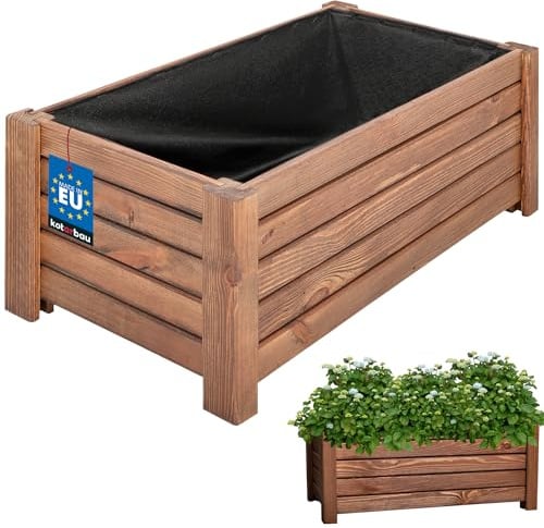 KOTARBAU® Fioriera da Esterno - in Legno di Pino - 60 x 33 x 25 cm - Marrone - Vasi Rettangolari da Esterno - Rialzata - con Tessuto Antierba - Fioriera da Balcone