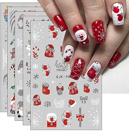 JMEOWIO 10 Sheets Glitter Christmas Nail Art Stickers Decals Self-Adhesive Snowflake Winter Holiday Cute Red Santa Nail Supplies Nail Art Design Decoration Accessories