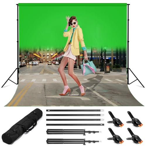 Green Screen con Soporte, Pantalla Verde (3 x 3 m) con Soporte de Fondo Ajustable (2,6 x 3 m) y 4 Abrazaderas de Fondo para Toma de Fotos Transmisión de Video de Juegos