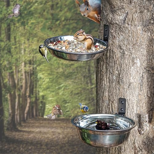 2 Pack 8 Inch Bird Feeders and Squirrel Feeder Outside Hanging Tree Mounted Bird Feeding Station with Water Bowl for Wall Mounted, Stainless Steel Bowl for Outdoor Fence, Deck