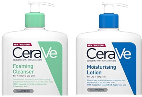 CeraVe Feuchtigkeitslotion für Körper und Gesicht & Schäumendes Reinigungsgel für Gesicht und Körper, Normale bis fettige Haut, Mit Hyaluron und 3 essenziellen Ceramiden, 1 x 1l