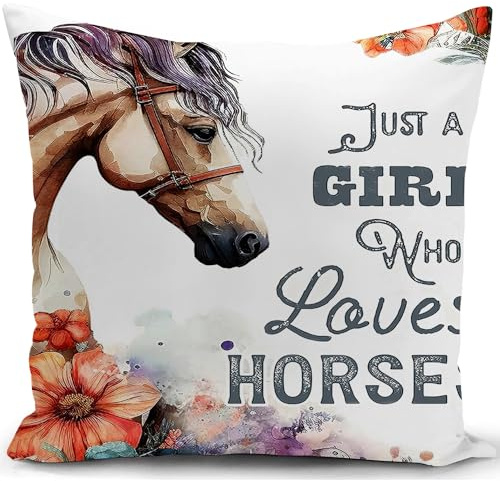 KUNQIAN Horse Cushion Cover Decorations Horse Gift for Girl Women Daughter Granddaughter Just a Girl Who Loves Throw Pillow Case Decor Home Livingroom Couch Sofa 18x18(45x45cm)
