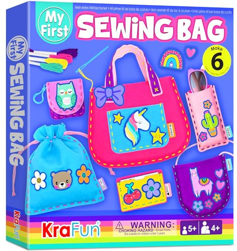KRAFUN Kinder-Nähset für Anfänger ab 5 Jahren, 6 Tier-Handtaschenprojekte (Handtasche, Beutel, Kartenhalter, Hülle, Einkaufsbeutel), Plüschfilz, Anleitung, Lernspielzeug