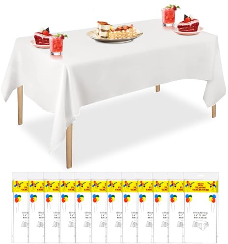 SHUESS 12 Pcs White Table Cloth Party - 54 x 108 Inch Disposable Tablecloths - Plastic Disposable Tablecloths for Parties, Picnic, Wedding - White Party Table Cloth Disposable