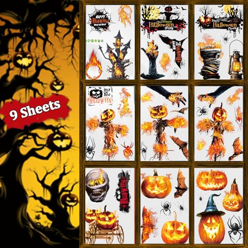 Halloween Aufkleber Fenster, 9 Blätter Halloween Fensterbilder Sticker,Halloween Fensterdeko,Kürbis, Fledermaus, Spinne,Halloween Deko Fensterdeko für Halloween Party