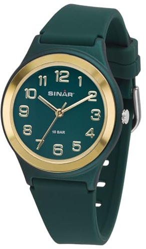 SINAR Mädchen Jungen Unisex Armbanduhr Jugend Sportuhr Fitness Analog Quarz 10 Bar wasserdicht Silikonband Waldgrün Gold XB-48-6
