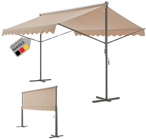 DELUKE® Standmarkise 400x300x260cm - mit Handkurbel | Gartenmarkise Terrassenmarkise Terrassenüberdachung Faltarm freistehende Markise Sonnenschutz UV-beständig Wasserabweisend | Beige