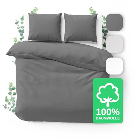 JACOBSON Bettwäsche 240x220 Set - 100% Baumwolle Bettbezug 240x220 cm + 2 Kissenbezüge 80x80 cm, Perkal Bettwäsche 3-teilig mit Reißverschluss (240x220cm, Anthrazit, 3-teilig)