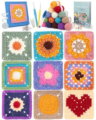 Coopay Häkelset für Anfänger, 9-in-1 Oma-Quadrate, Häkel-Starter-Set mit Schritt-für-Schritt-Anleitung und 15-teiligem Garn, einfaches Strickset, komplettes Häkelset, Häkeln lernen, Granny Square