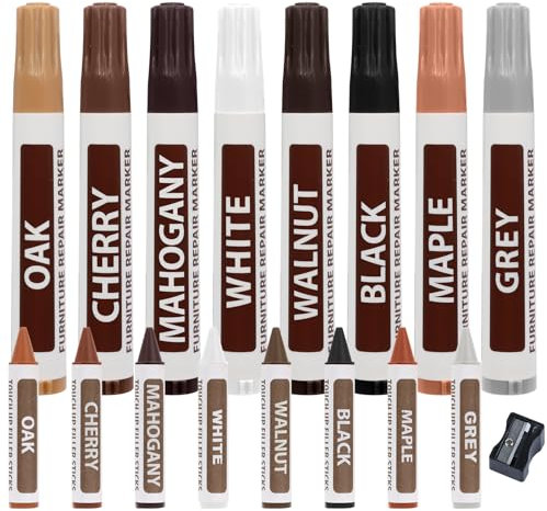 17 Pcs Furniture Repair Kit, SPOKKI 8 Pcs Furniture Repair Wax Sticks, 8 Wood Filler Touch Up Markers Pens & a Sharpener for Furniture Tables Desks Floors Bed Cabinet Stains Scratches Touch-Ups Repair