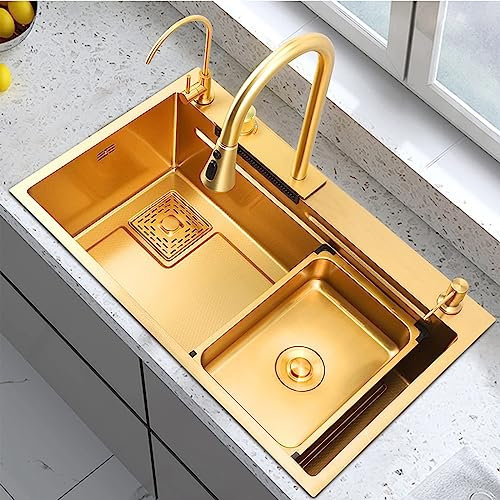 LAMEDOAT Fregadero de Acero Inoxidable 304, Fregadero de Barra, instalación empotrada o bajo encimera, con lavaplatos y Accesorios Fregadero de Cocina Dorado Tipo Cascada (68 x 46 cm)