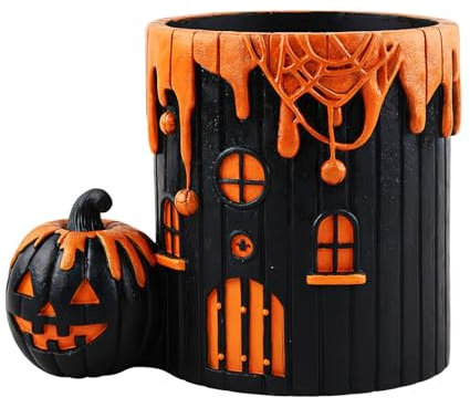 WJUHYGTF Halloween Deko Kürbis Haus Blumentöpfe Statue, Leuchtende Harz Kürbis Figuren Set Kürbis Hexen Kürbis Haus Figur Party Dekorationen Hausdekoration,Schwarz