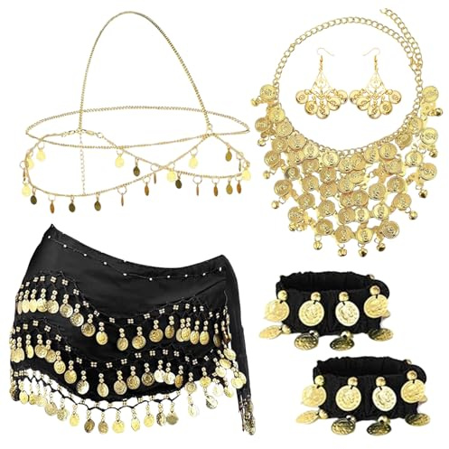 SOETDERT 7 Sets Bauchtanz Accessoires Damen, Bauchtanz Hüfttuch mit Goldmünze Halskette, Ohrringe, Armbänder und Kopfschmuck, Bauchtanz Kostüm Damen für Karneval, Mottoparty, Belly Dance