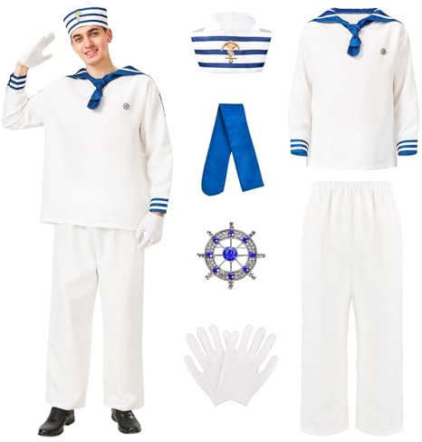 Joellfuner Matrosen Kostüm Herren, Seemann Kostüm Herren, Marine Kostüm Set mit Matrosenhemd, Matrosen Hut, Matrosen Schal, Marinelook kostüm für Karneval und Kapitäns Themenparty, Cosplay (XL)
