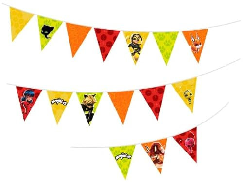 3m Wimpelkette * Miraculous Ladybug * als Deko zur Mottoparty und Kindergeburtstag | Größe: 300 x 16cm, aus Karton, mit Befestigungsschnur | Superheldin Party Geburtstag Kinder