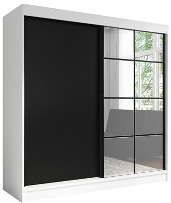 A&J MöbelLand Schwebetürenschrank TAVIRO Kleiderschrank 3-türig mit Schubladen, und Spiegel, Garderobe 200 cm (Weiß | Schwarz)